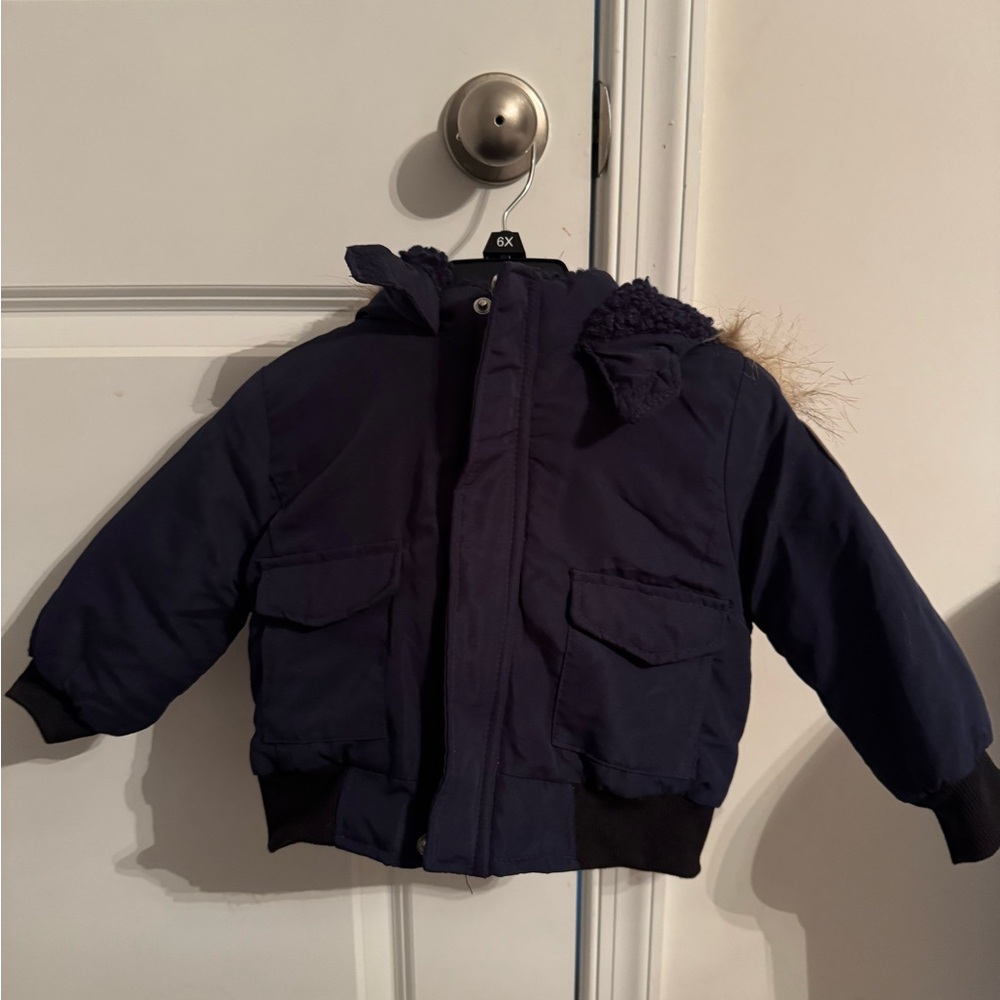 Tahari boy toddler size 24M. Blue winter hooded jacket faux fur trim.
